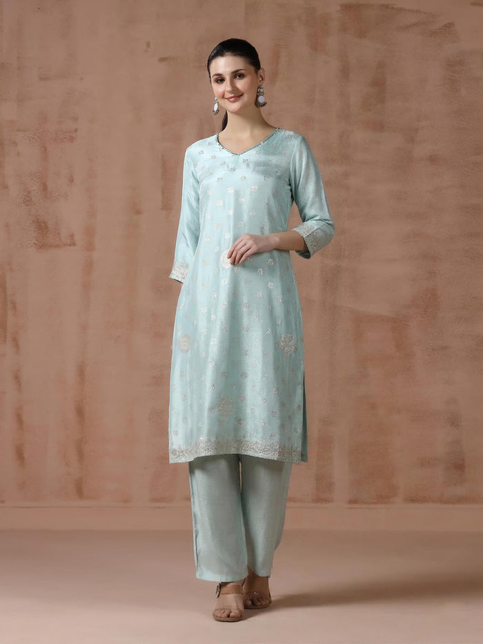 Women Dola Silk Jacquard Turquoise Blue Woven Kurta Comfort Pant Dupatta.