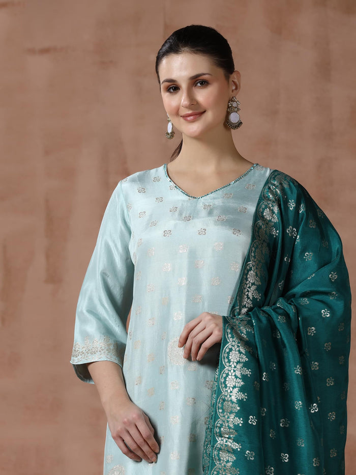 Women Dola Silk Jacquard Turquoise Blue Woven Kurta Comfort Pant Dupatta.