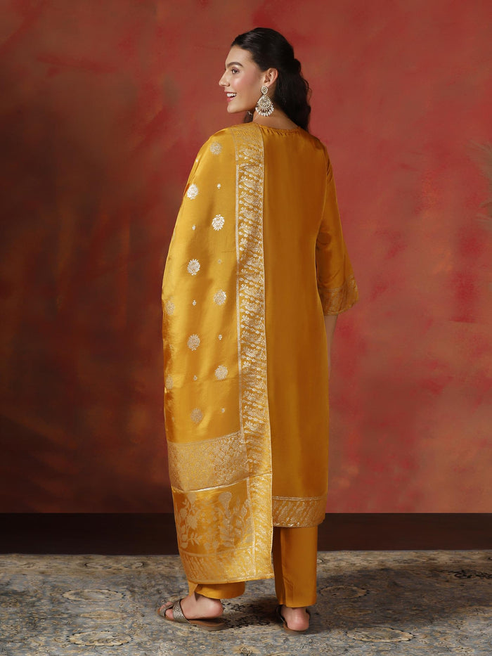 Women Dola Silk Jacquard Yellow Kurta Comfort Pant Dupatta.