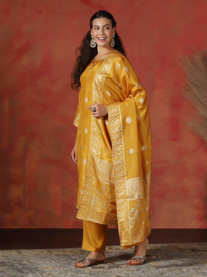 Women Dola Silk Jacquard Yellow Kurta Comfort Pant Dupatta.