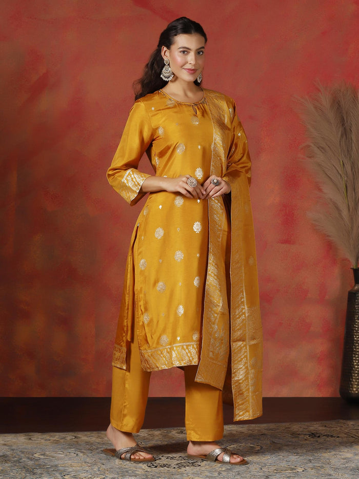 Women Dola Silk Jacquard Yellow Kurta Comfort Pant Dupatta.