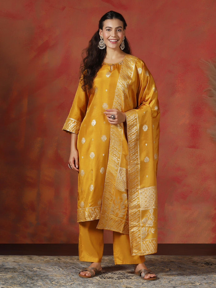 Women Dola Silk Jacquard Yellow Kurta Comfort Pant Dupatta.
