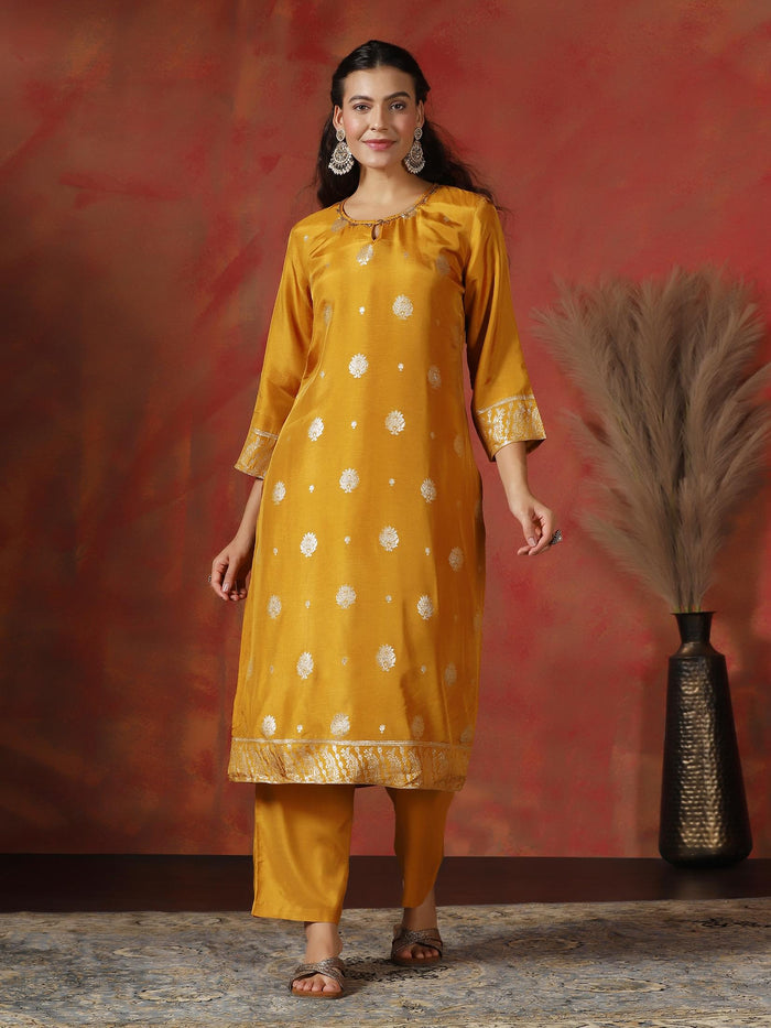 Women Dola Silk Jacquard Yellow Kurta Comfort Pant Dupatta.