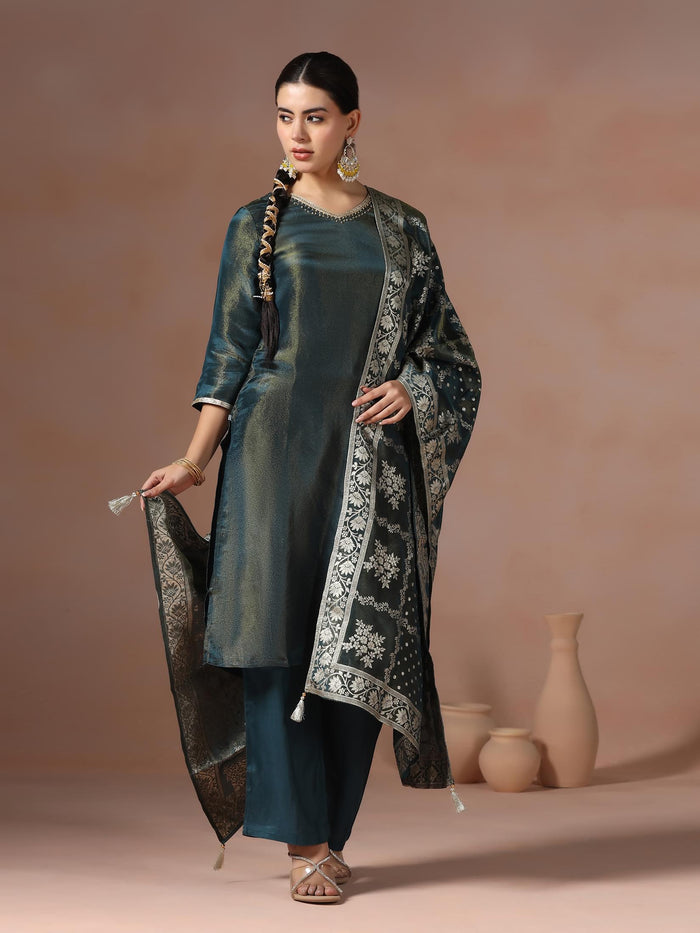 Women Dola Silk Teal Solid Kurta Comfort Pant With Jacquard Dupatta.