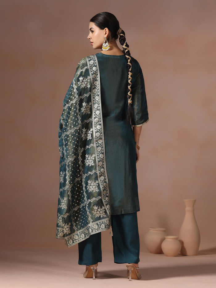 Women Dola Silk Teal Solid Kurta Comfort Pant With Jacquard Dupatta.