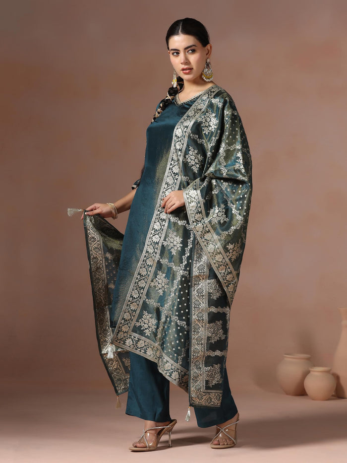 Women Dola Silk Teal Solid Kurta Comfort Pant With Jacquard Dupatta.