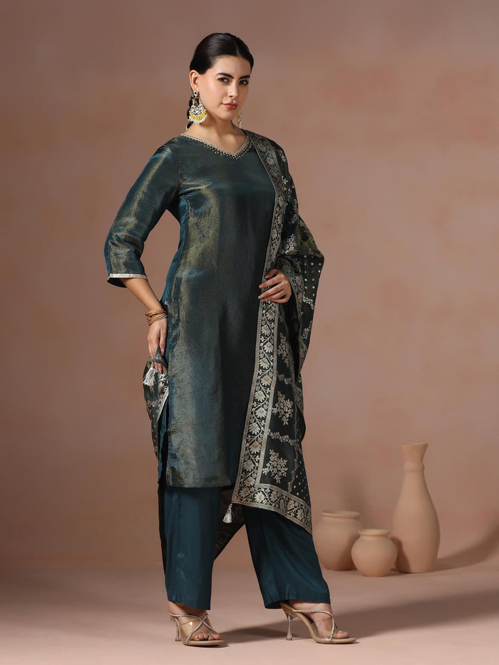 Women Dola Silk Teal Solid Kurta Comfort Pant With Jacquard Dupatta.