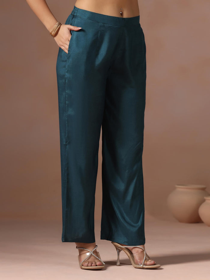 Women Dola Silk Teal Solid Kurta Comfort Pant With Jacquard Dupatta.