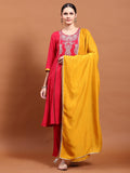 Women Fuchsia Embroidered Kurta Trouser Dupatta.