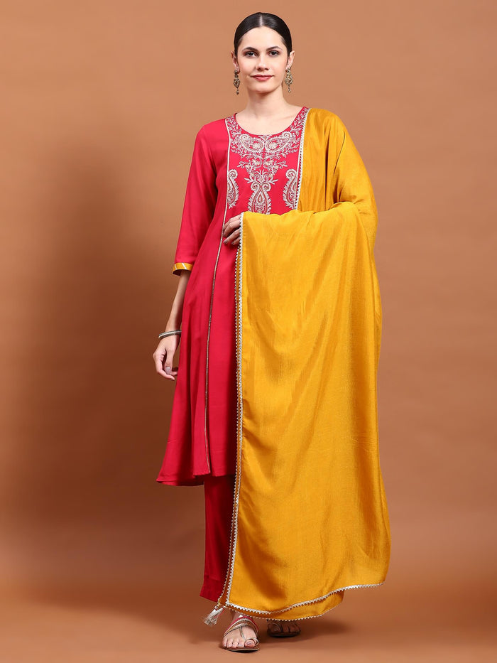Women Fuchsia Embroidered Kurta Trouser Dupatta.