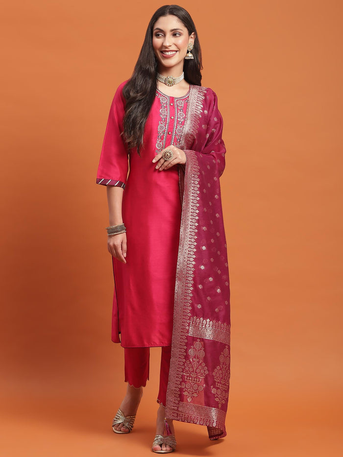 Women Fuchsia Embroidered Kurta Trouser Dupatta.