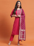 Women Fuchsia Embroidered Kurta Trouser Dupatta.