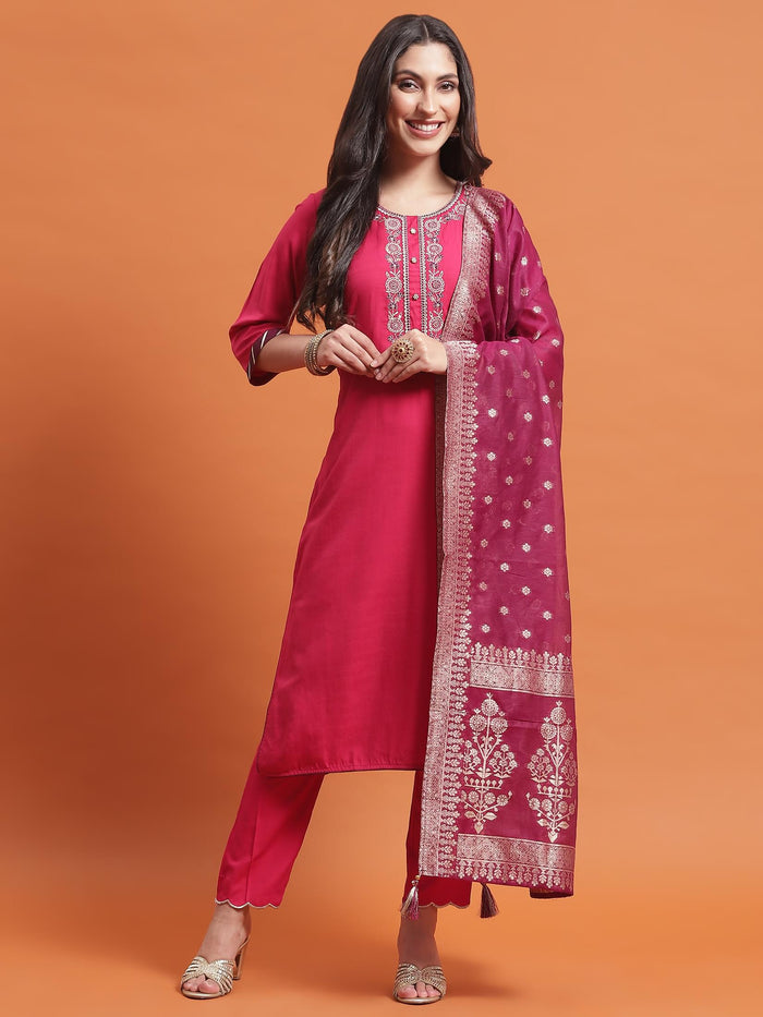 Women Fuchsia Embroidered Kurta Trouser Dupatta.