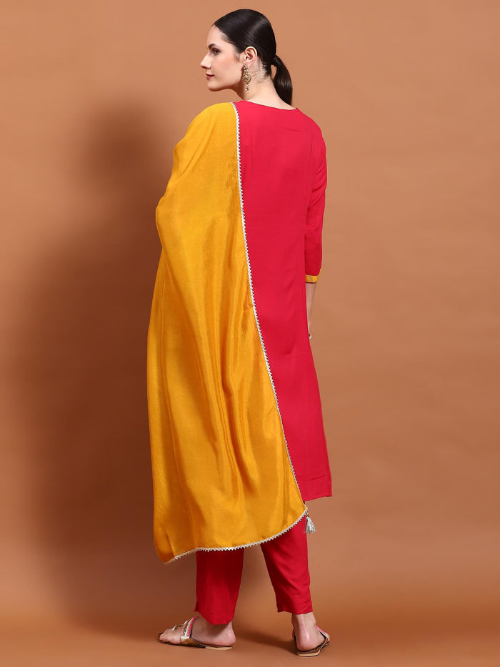 Women Fuchsia Embroidered Kurta Trouser Dupatta.