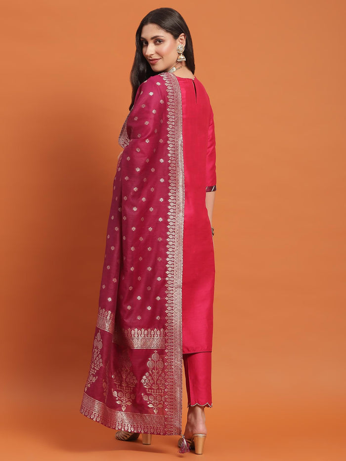 Women Fuchsia Embroidered Kurta Trouser Dupatta.