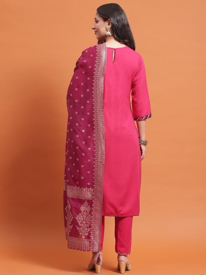 Women Fuchsia Embroidered Kurta Trouser Dupatta.