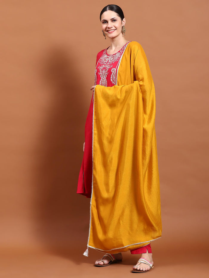 Women Fuchsia Embroidered Kurta Trouser Dupatta.