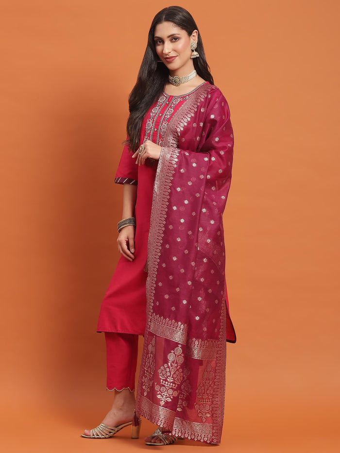 Women Fuchsia Embroidered Kurta Trouser Dupatta.