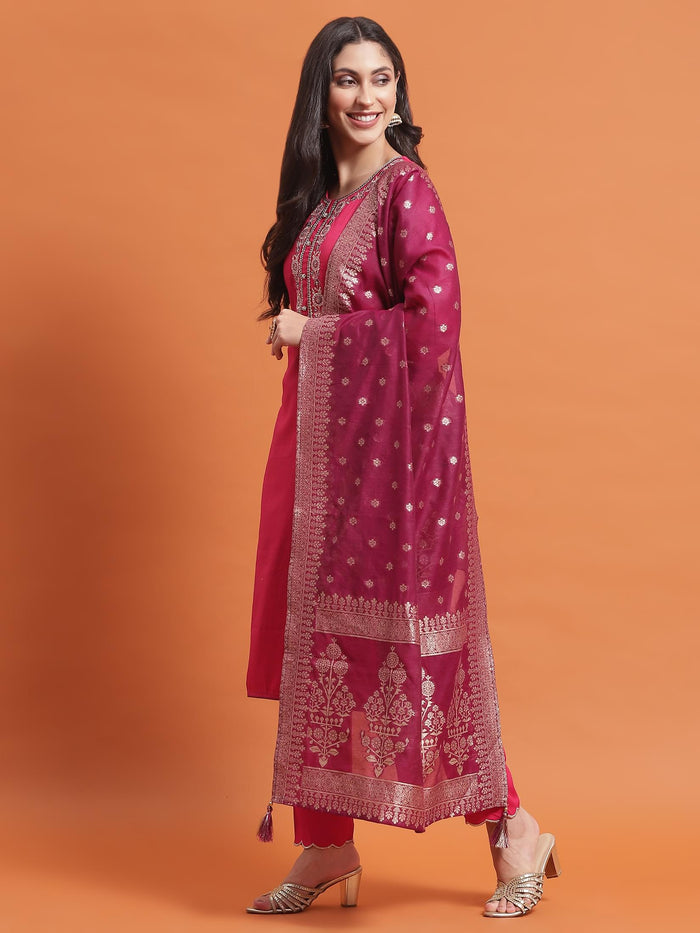 Women Fuchsia Embroidered Kurta Trouser Dupatta.
