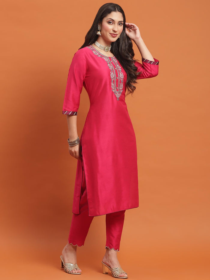 Women Fuchsia Embroidered Kurta Trouser Dupatta.