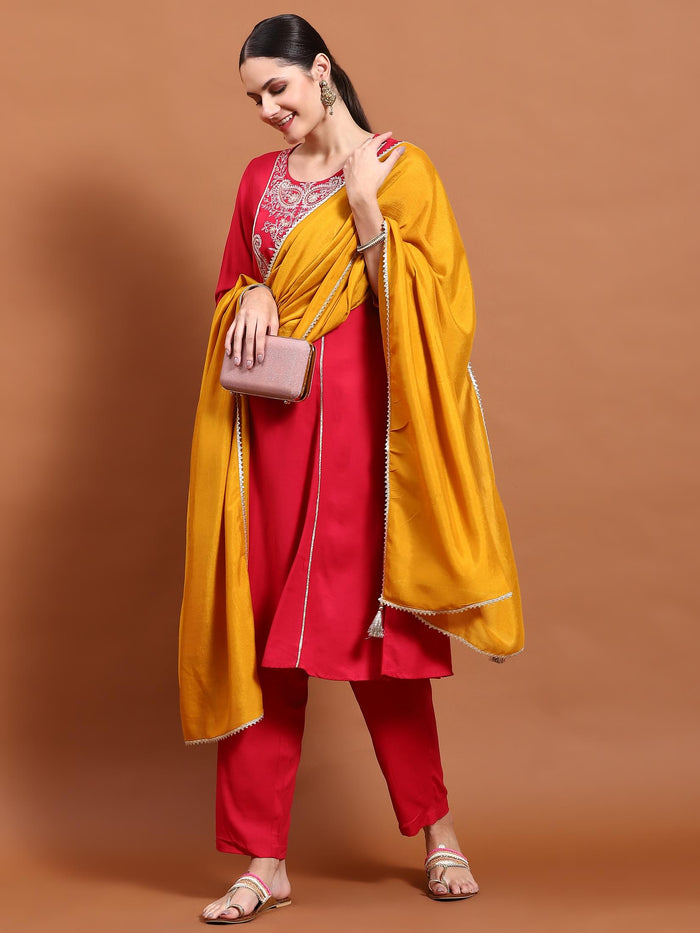 Women Fuchsia Embroidered Kurta Trouser Dupatta.