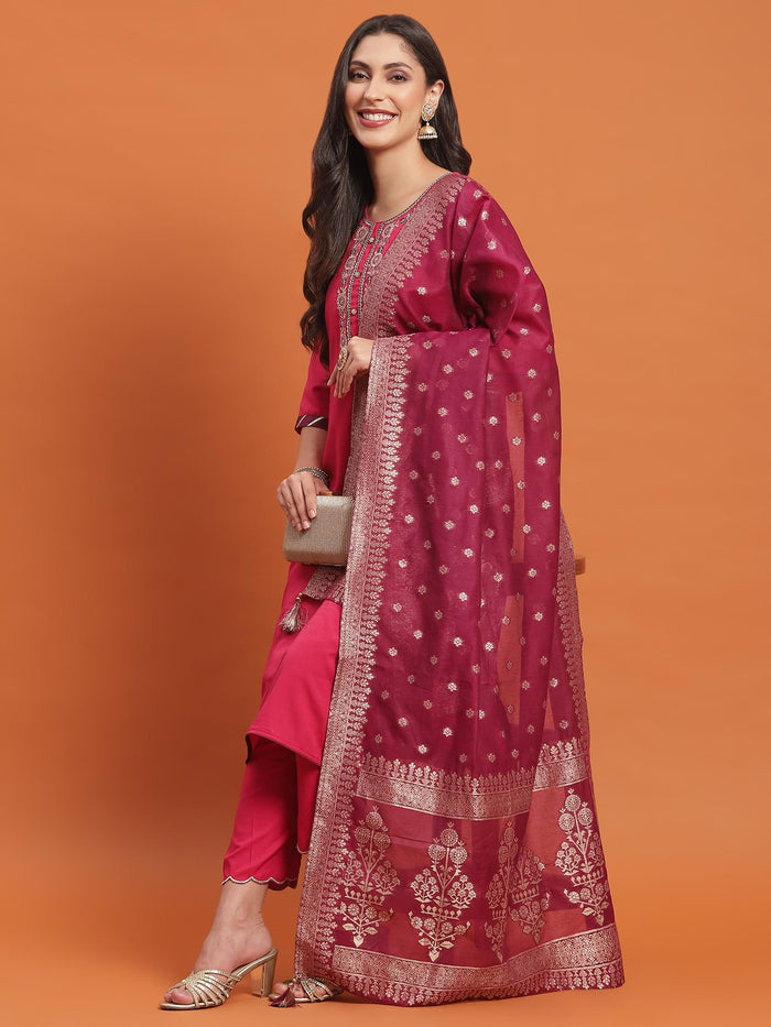 Women Fuchsia Embroidered Kurta Trouser Dupatta.