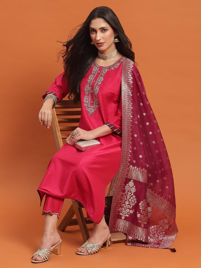 Women Fuchsia Embroidered Kurta Trouser Dupatta.