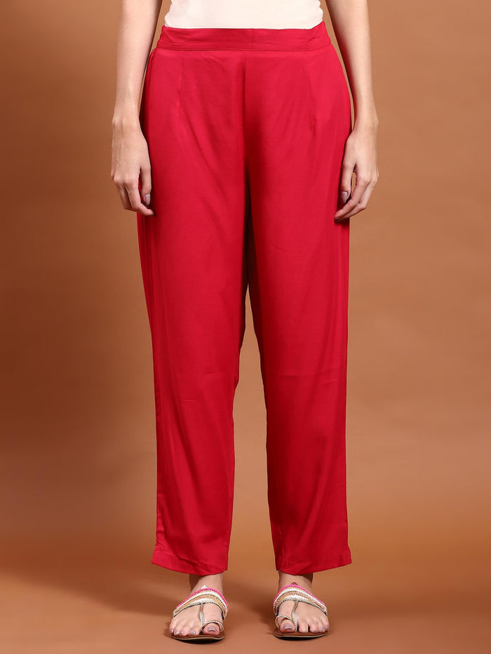 Women Fuchsia Embroidered Kurta Trouser Dupatta.