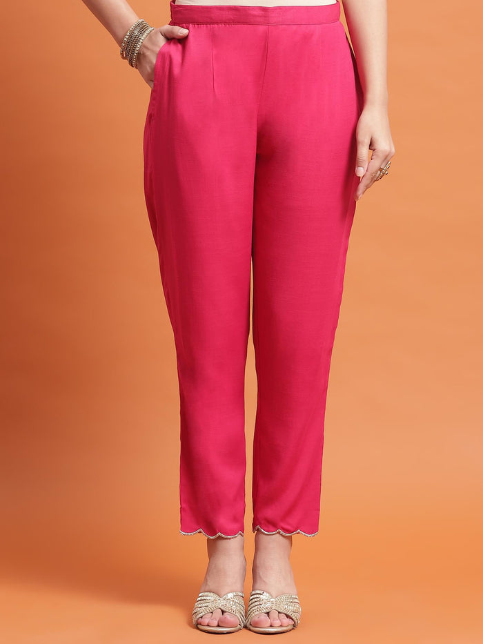 Women Fuchsia Embroidered Kurta Trouser Dupatta.