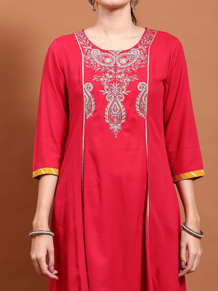 Women Fuchsia Embroidered Kurta Trouser Dupatta.