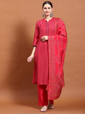 Women Fuchsia Geometric Print Kurta Comfort Pant Dupatta.