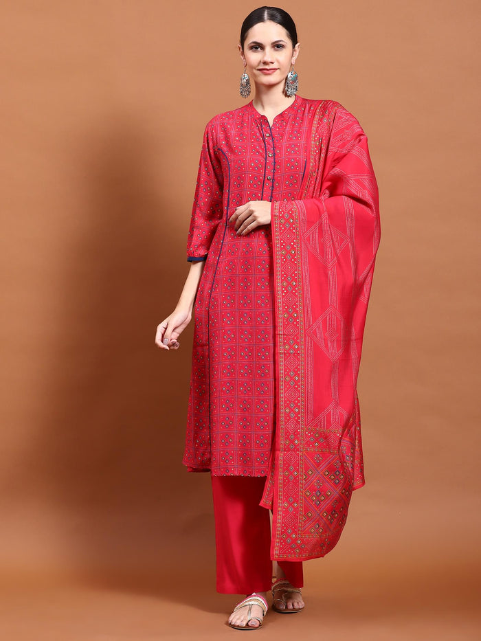Women Fuchsia Geometric Print Kurta Comfort Pant Dupatta.
