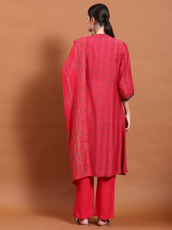 Women Fuchsia Geometric Print Kurta Comfort Pant Dupatta.
