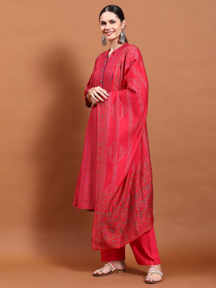 Women Fuchsia Geometric Print Kurta Comfort Pant Dupatta.