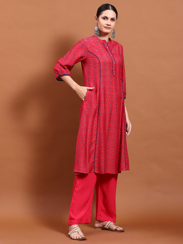 Women Fuchsia Geometric Print Kurta Comfort Pant Dupatta.