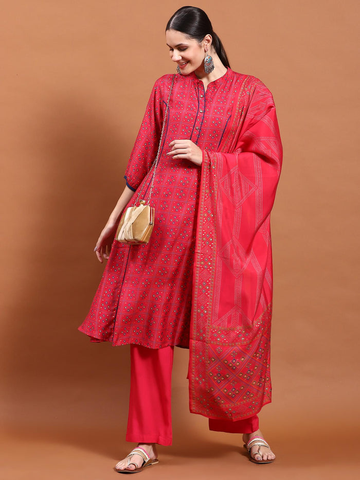 Women Fuchsia Geometric Print Kurta Comfort Pant Dupatta.
