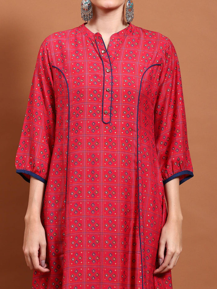 Women Fuchsia Geometric Print Kurta Comfort Pant Dupatta.