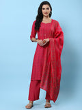Women Fuchsia Geometric Printed Kurta Comfort Pant Dupatta.