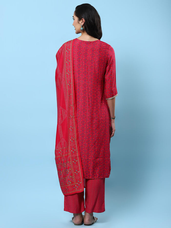 Women Fuchsia Geometric Printed Kurta Comfort Pant Dupatta.
