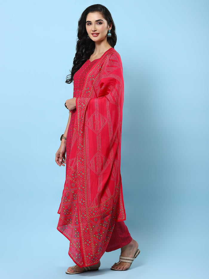 Women Fuchsia Geometric Printed Kurta Comfort Pant Dupatta.