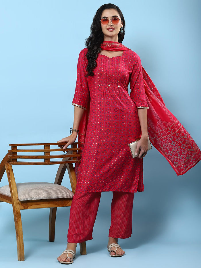 Women Fuchsia Geometric Printed Kurta Comfort Pant Dupatta.