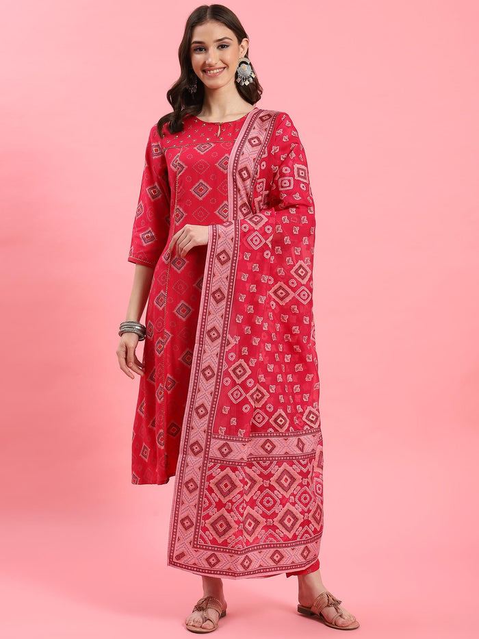Women Fuchsia Geometric Printed Kurta Trouser Dupatta.