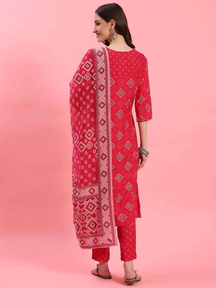 Women Fuchsia Geometric Printed Kurta Trouser Dupatta.