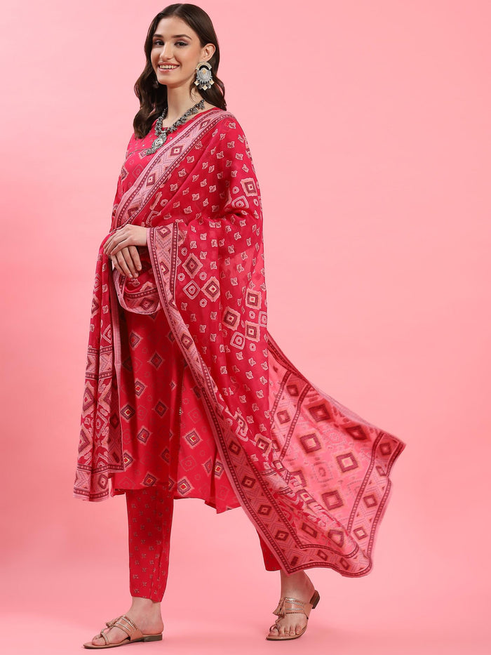 Women Fuchsia Geometric Printed Kurta Trouser Dupatta.