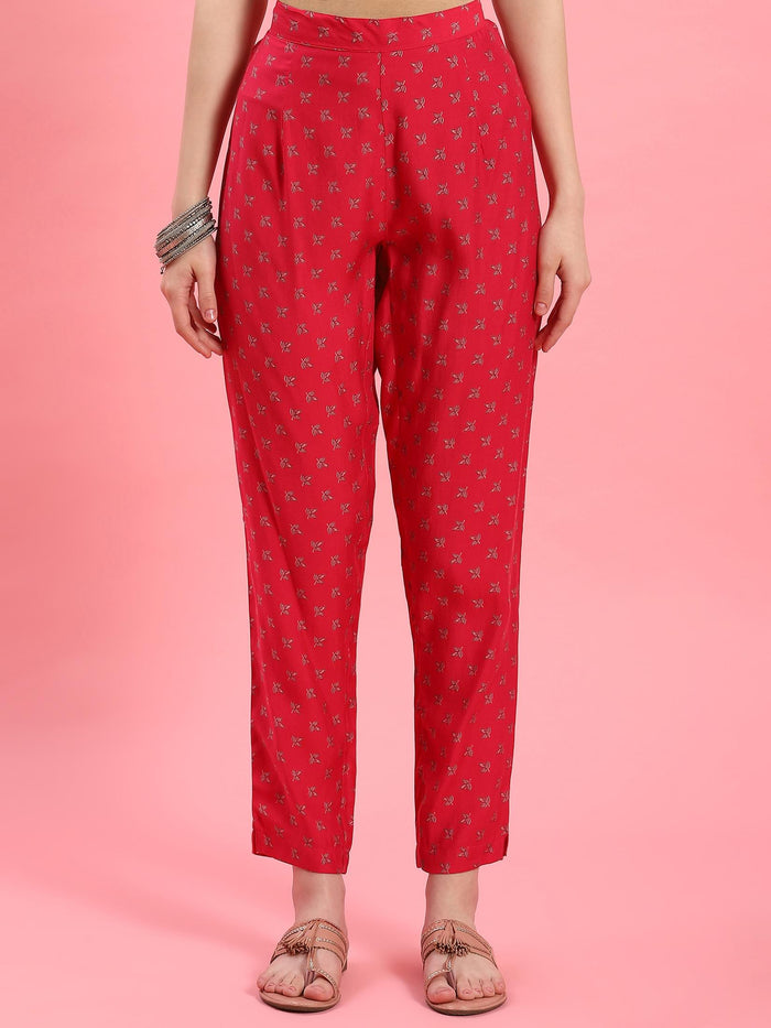 Women Fuchsia Geometric Printed Kurta Trouser Dupatta.
