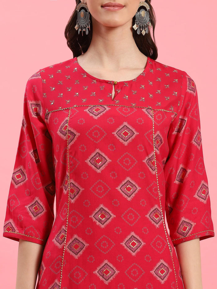 Women Fuchsia Geometric Printed Kurta Trouser Dupatta.