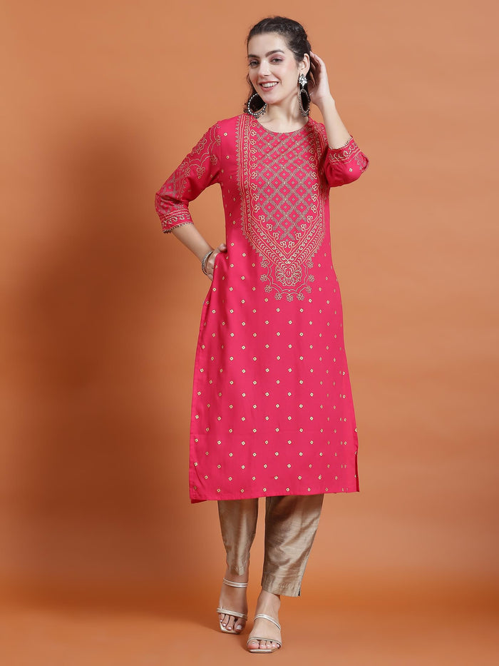 Women Fuchsia Ornamental Print Kurta.