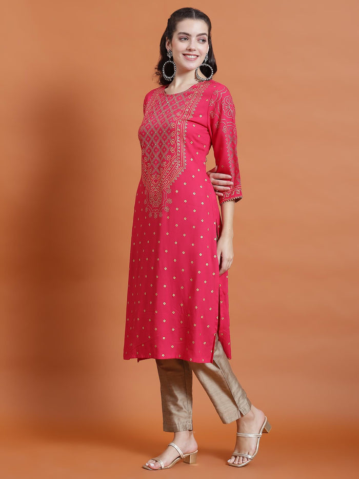 Women Fuchsia Ornamental Print Kurta.