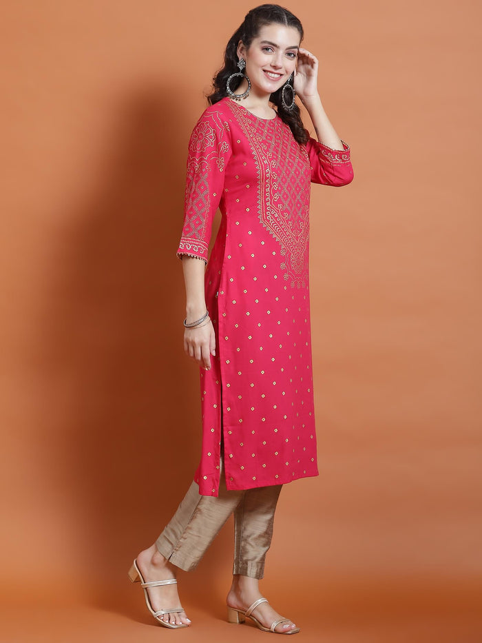 Women Fuchsia Ornamental Print Kurta.