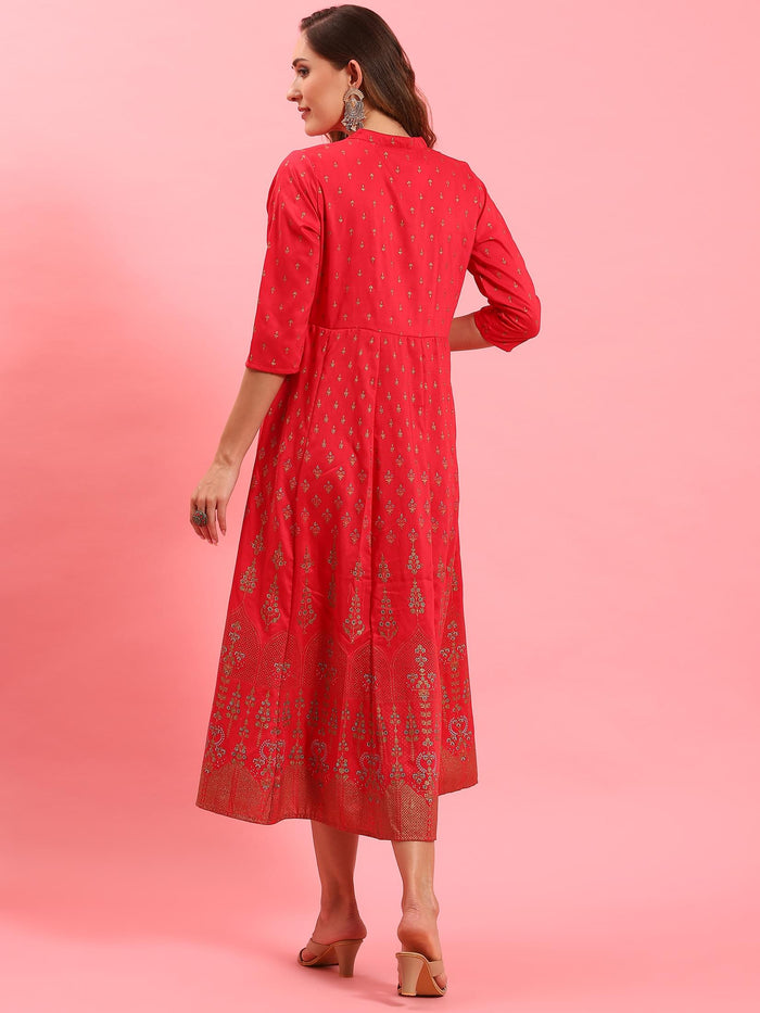 Women Fuchsia Ornamental Printed Dress.